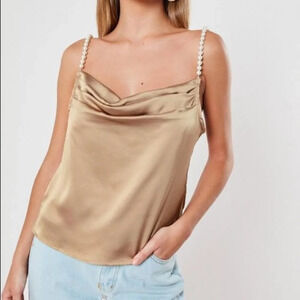 MISSGUIDED Satin Cowl Neck Pearl Strap Top​
